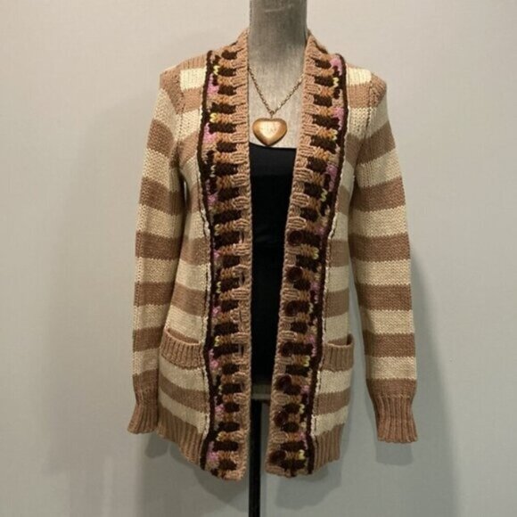 Anthropologie Cardigan with Stripes & Crochet Details Size Small Beige/Tan - Picture 2 of 14